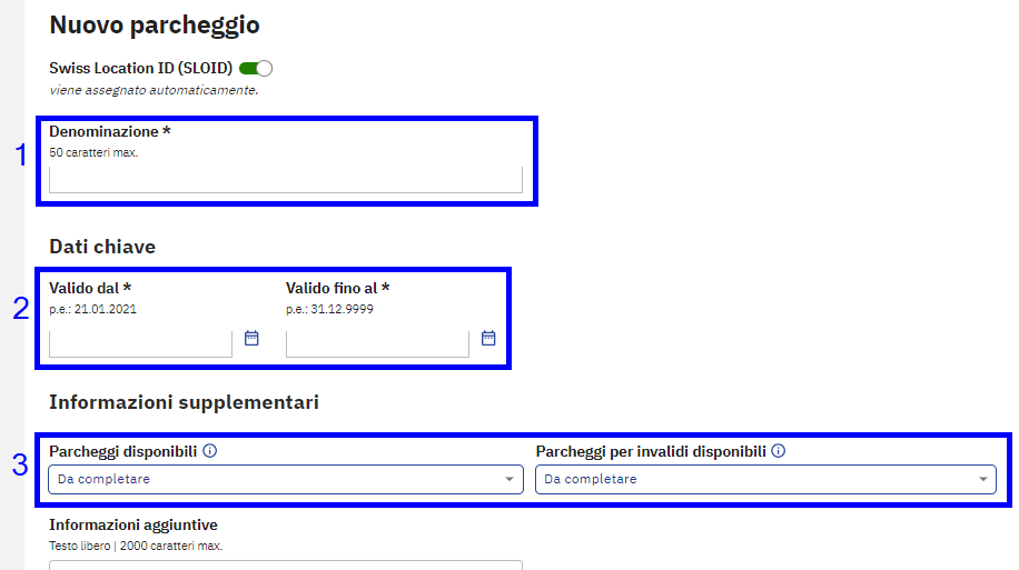 Visualizzare in atlas come viene effettuata la registrazione LDis un parcheggio con tutti i campi.