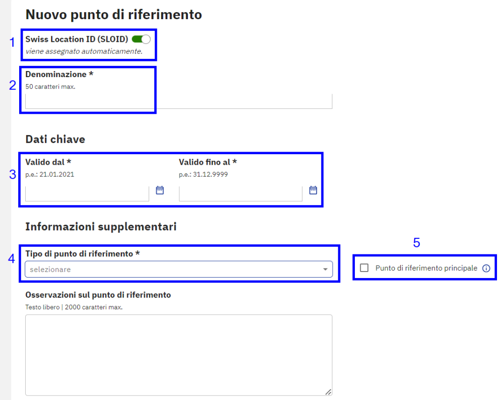 Tutti i campi per la registrazione di un punto di riferimento per la variante di registrazione completa dei dati LDis in atlante.