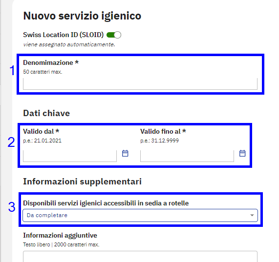 I campi necessari per la registrazione di una toilette nel modulo LDis per la registrazione dei dati LDis.